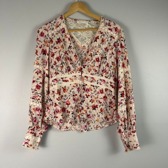 Anthropologie Boho Puff Sleeve Floral Lace Trim Blouse - Picture 2 of 6